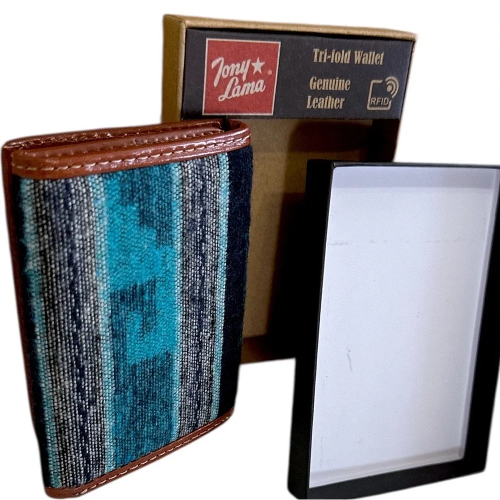 New Tony Lama Tri-Fold Wallet RFID Blue Aztec Canvas Leather Cowboy Western